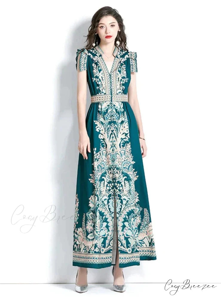 Vintage Palace V-Neck Printed Dress L / BLACK