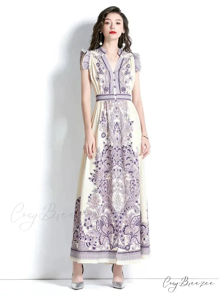 Vintage Palace V-Neck Printed Dress L / GREEN
