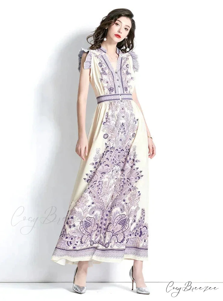 Vintage Palace V-Neck Printed Dress L / WHITE