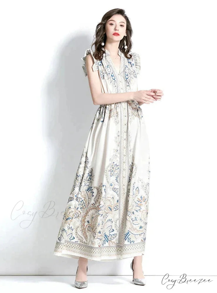 Vintage Palace V-Neck Printed Dress M / WHITE