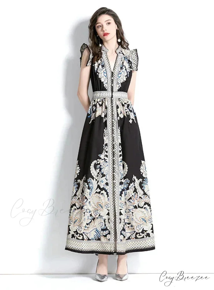 Vintage Palace V-Neck Printed Dress S / BLACK