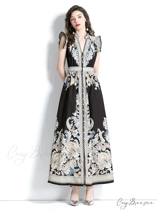 Vintage Palace V-Neck Printed Dress S / BLACK