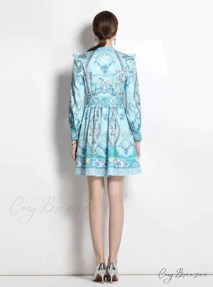Vintage Palace V-Neck Printed Slim Dress M / BLUE