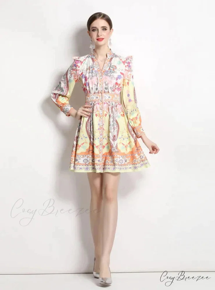 Vintage Palace V-Neck Printed Slim Dress M / YELLOW