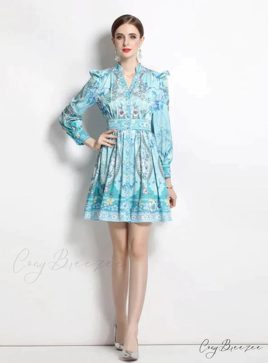 Vintage Palace V-Neck Printed Slim Dress S / BLUE
