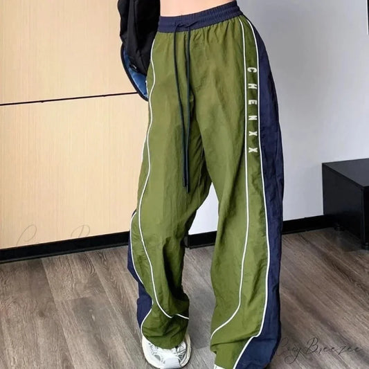 Vintage Patchwork Elastic Waist Pants Green / S pants-241228