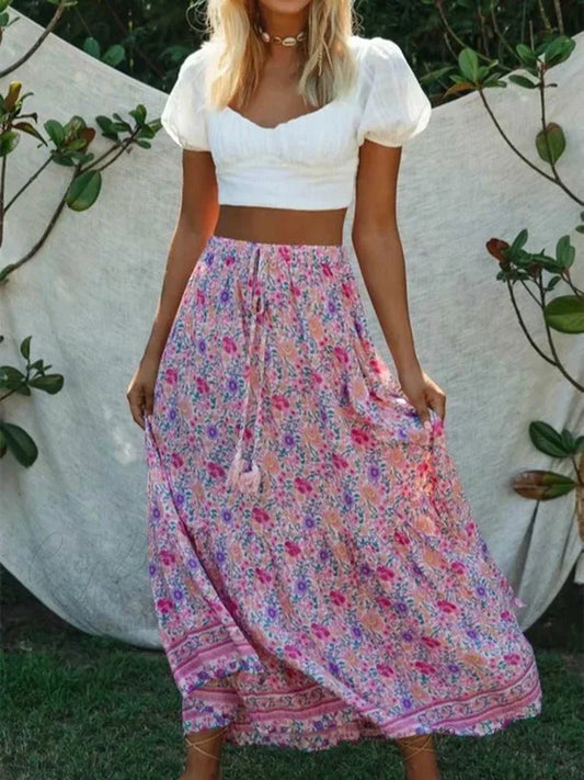 Vintage Pink Floral Print Split Beach Bohemian Maxi Skirt purple / S skirt-250126