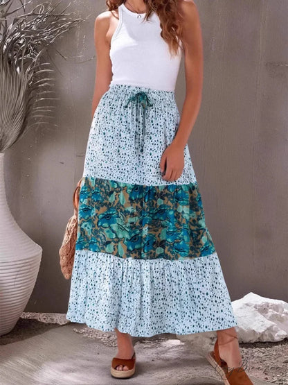 Vintage Pink Floral Ruffles Beach Bohemian A-Line Maxi Skirt Green / M skirt-250126
