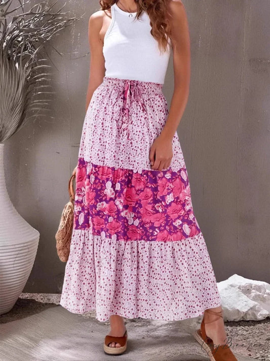 Vintage Pink Floral Ruffles Beach Bohemian A-Line Maxi Skirt Pink / M skirt-250126
