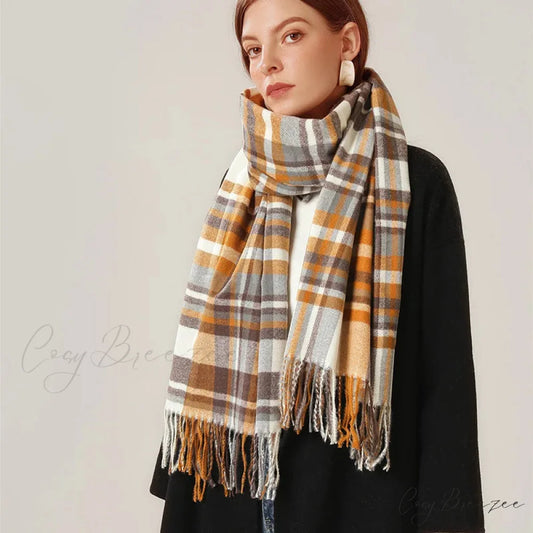 Vintage Plaid Cashmere Knit Tassel Scarf for Women