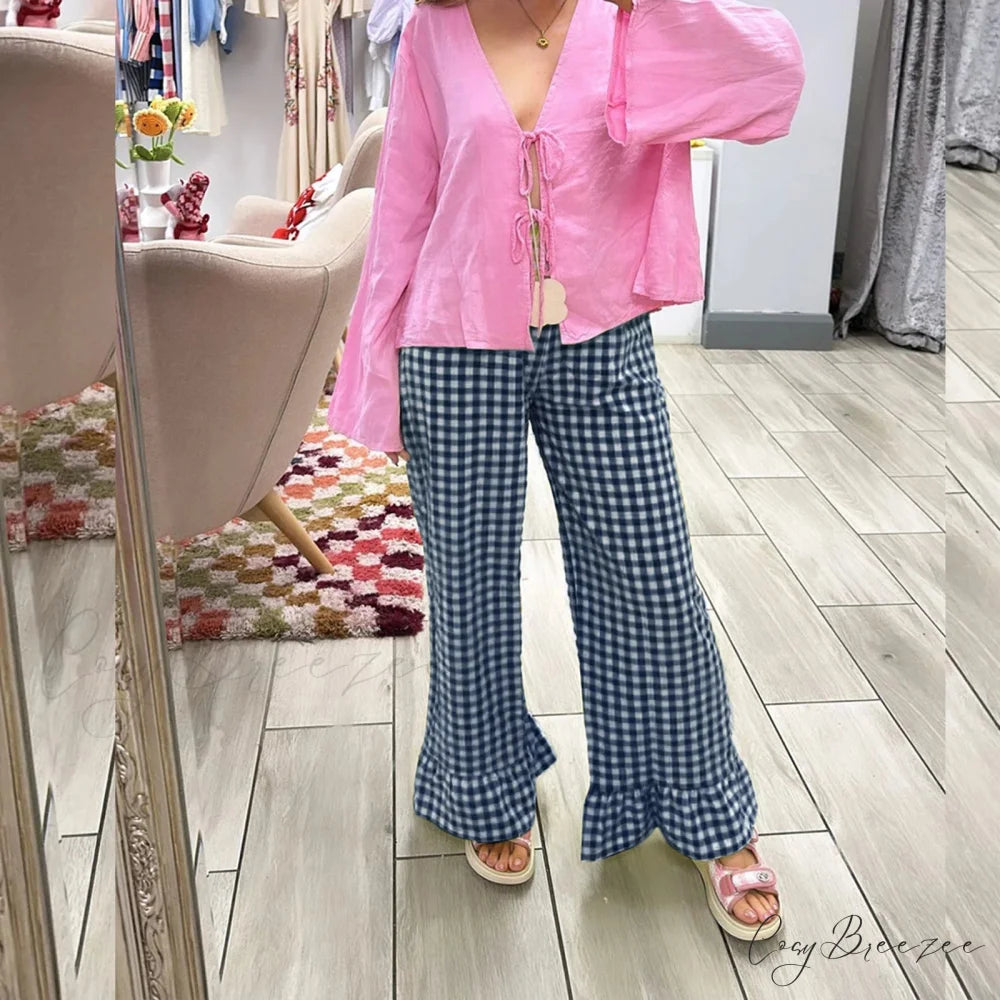 Vintage Plaid Elevated-Waist Relaxed Stylish Pant DARKBLUE / S pant-250223