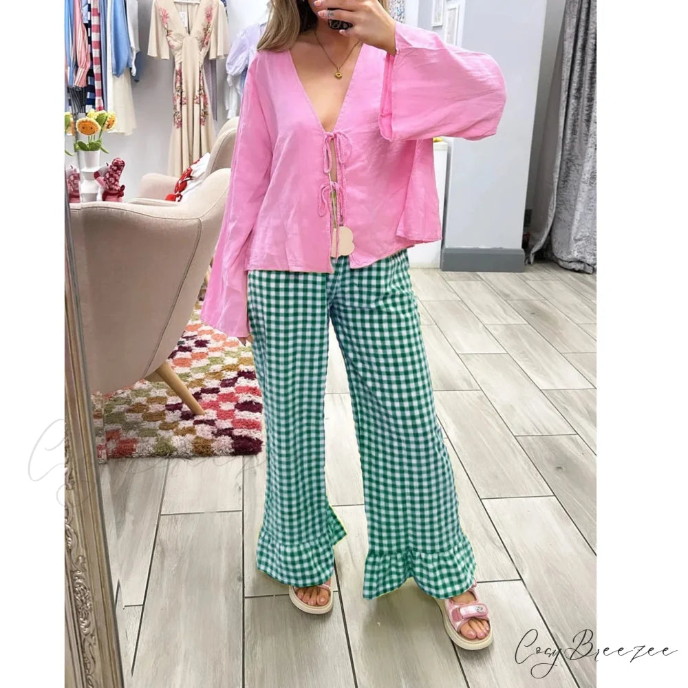 Vintage Plaid Elevated-Waist Relaxed Stylish Pant GREEN / S pant-250223