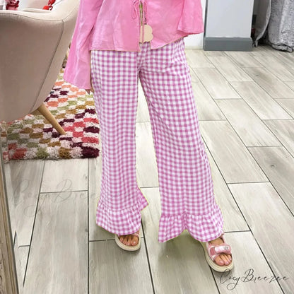 Vintage Plaid Elevated-Waist Relaxed Stylish Pant PINK / S pant-250223