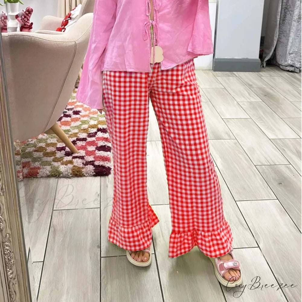 Vintage Plaid Elevated-Waist Relaxed Stylish Pant RED / S pant-250223