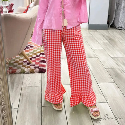Vintage Plaid Elevated-Waist Relaxed Stylish Pant RED / S pant-250223