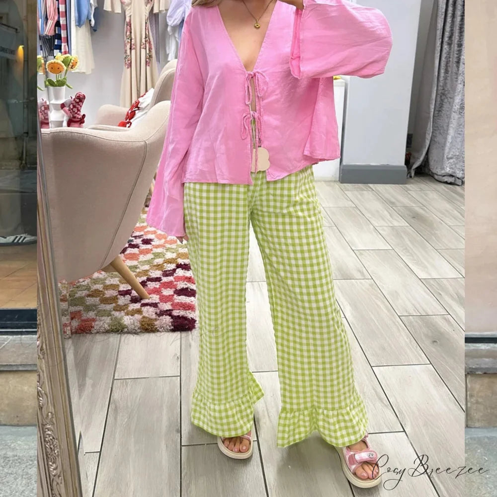 Vintage Plaid Elevated-Waist Relaxed Stylish Pant YELLOW / S pant-250223