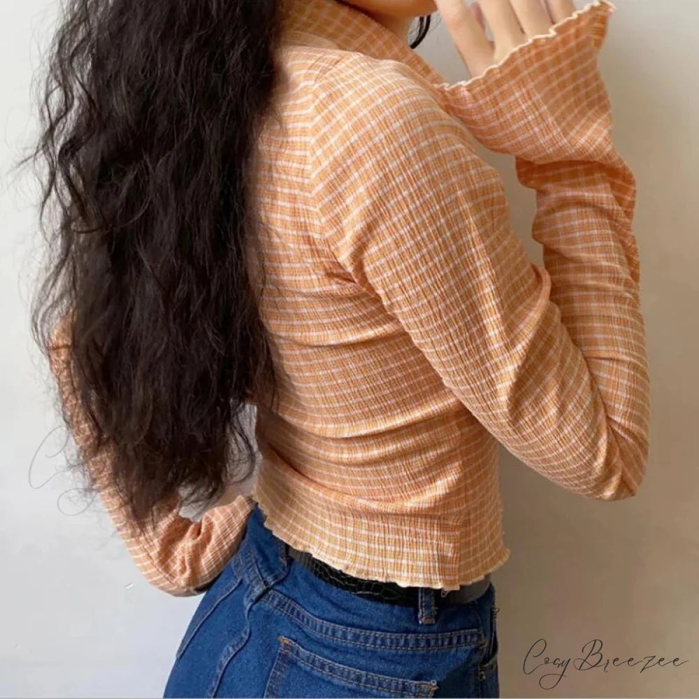 Vintage Plaid Extended Sleeve Shirt blouse-250223