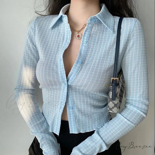Vintage Plaid Extended Sleeve Shirt Blue / M blouse-250223
