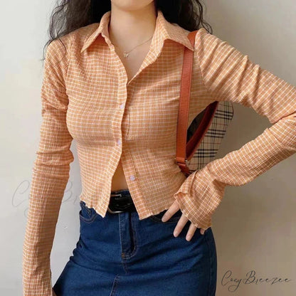 Vintage Plaid Extended Sleeve Shirt Yellow / M blouse-250223
