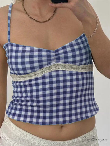 Vintage Plaid Lace Patchwork Spaghetti Crop Top BLUE / S croptop-250126