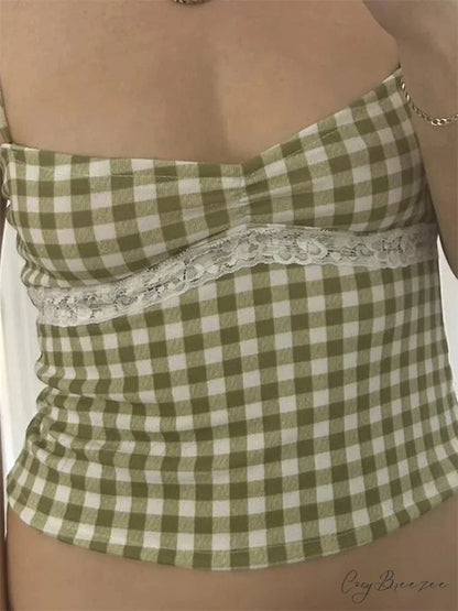 Vintage Plaid Lace Patchwork Spaghetti Crop Top croptop-250126
