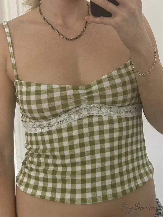 Vintage Plaid Lace Patchwork Spaghetti Crop Top GREEN / S croptop-250126