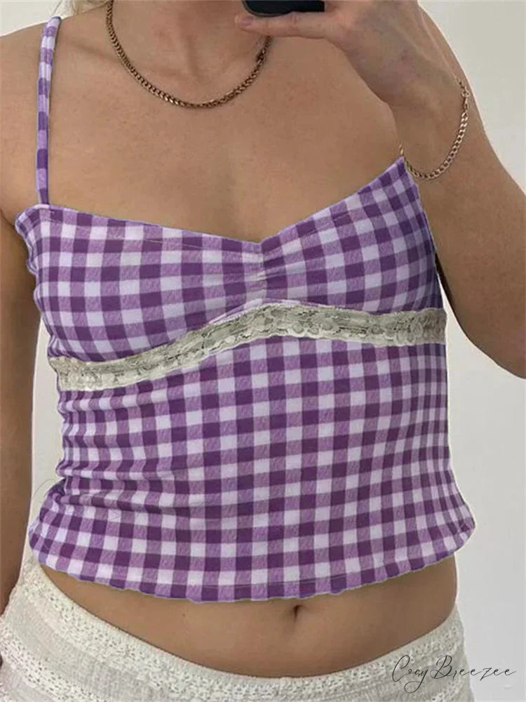 Vintage Plaid Lace Patchwork Spaghetti Crop Top PURPLE / S croptop-250126