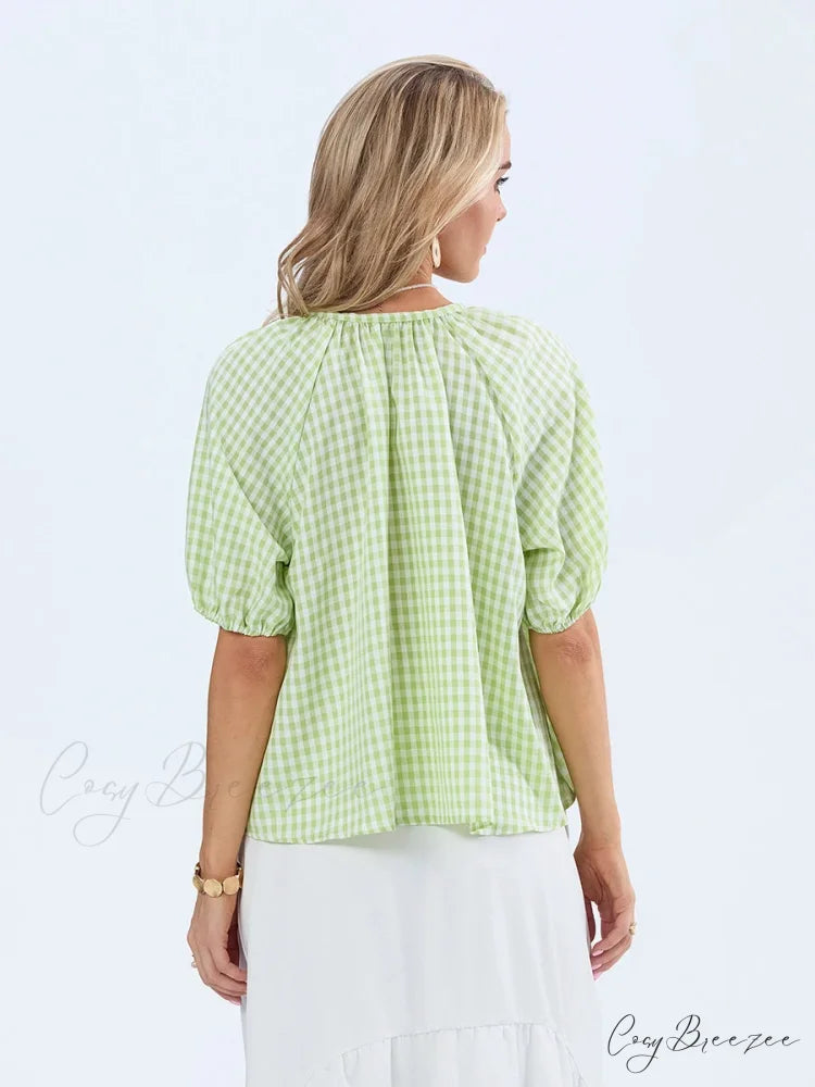 Vintage Plaid Tie-Up Shirt blouse-250223