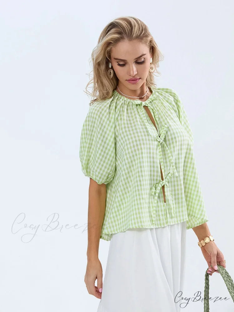Vintage Plaid Tie-Up Shirt blouse-250223