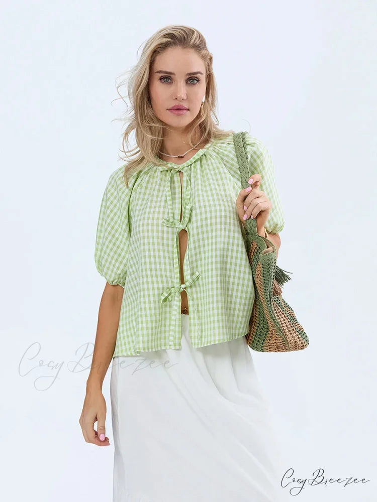 Vintage Plaid Tie-Up Shirt blouse-250223