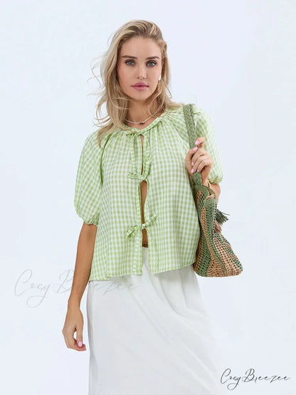 Vintage Plaid Tie-Up Shirt blouse-250223