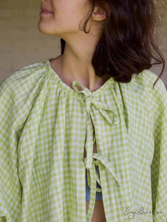 Vintage Plaid Tie-Up Shirt green / S blouse-250223