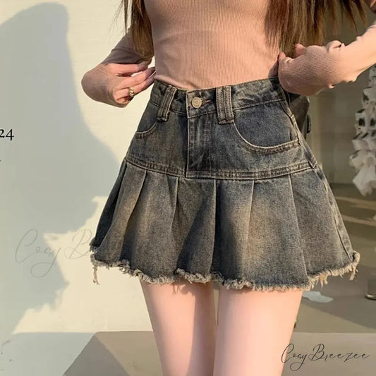 Vintage Pleated Retro Aesthetics Casual A-line Skirt grey / S