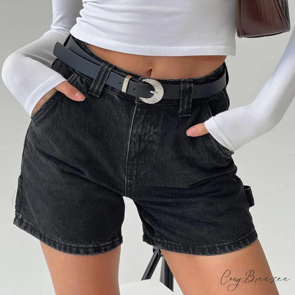 Vintage Pocket Straight Denim Shorts Black / S short-250223