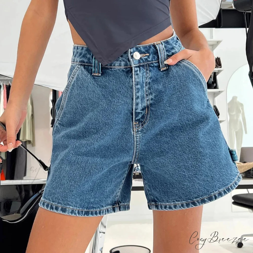 Vintage Pocket Straight Denim Shorts Dark Blue / S short-250223