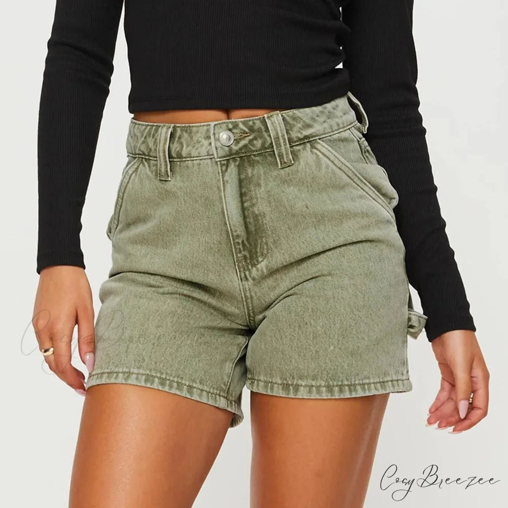 Vintage Pocket Straight Denim Shorts Green / S short-250223