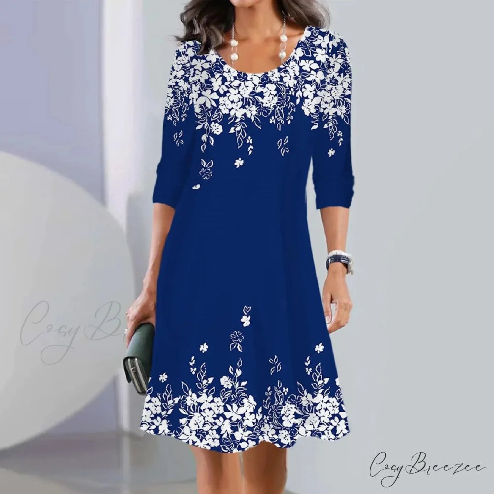 Vintage Polka Dot Print Long Maxi Round Neck Short Sleeve Pockets Loose Casual Summer 2024 Dress Blue / M