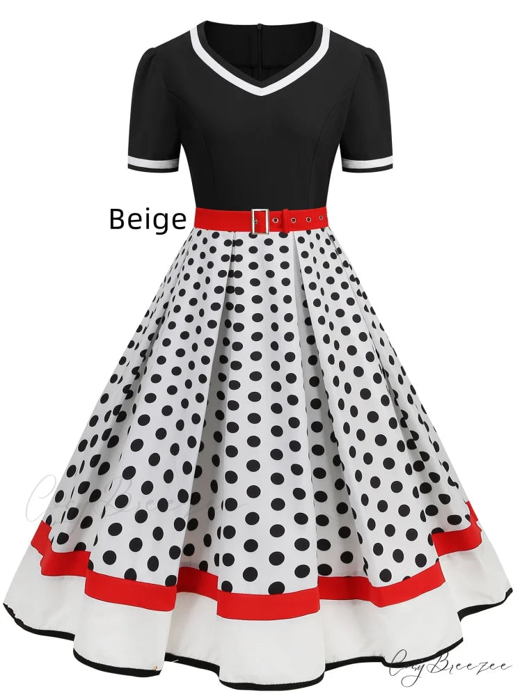 Vintage Polka Dot Rockabilly Dress - 1950s Style Short Sleeves S / Beige