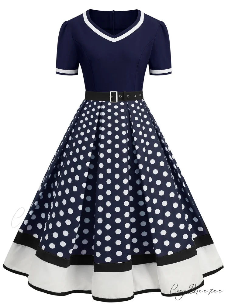 Vintage Polka Dot Rockabilly Dress - 1950s Style Short Sleeves S / Black