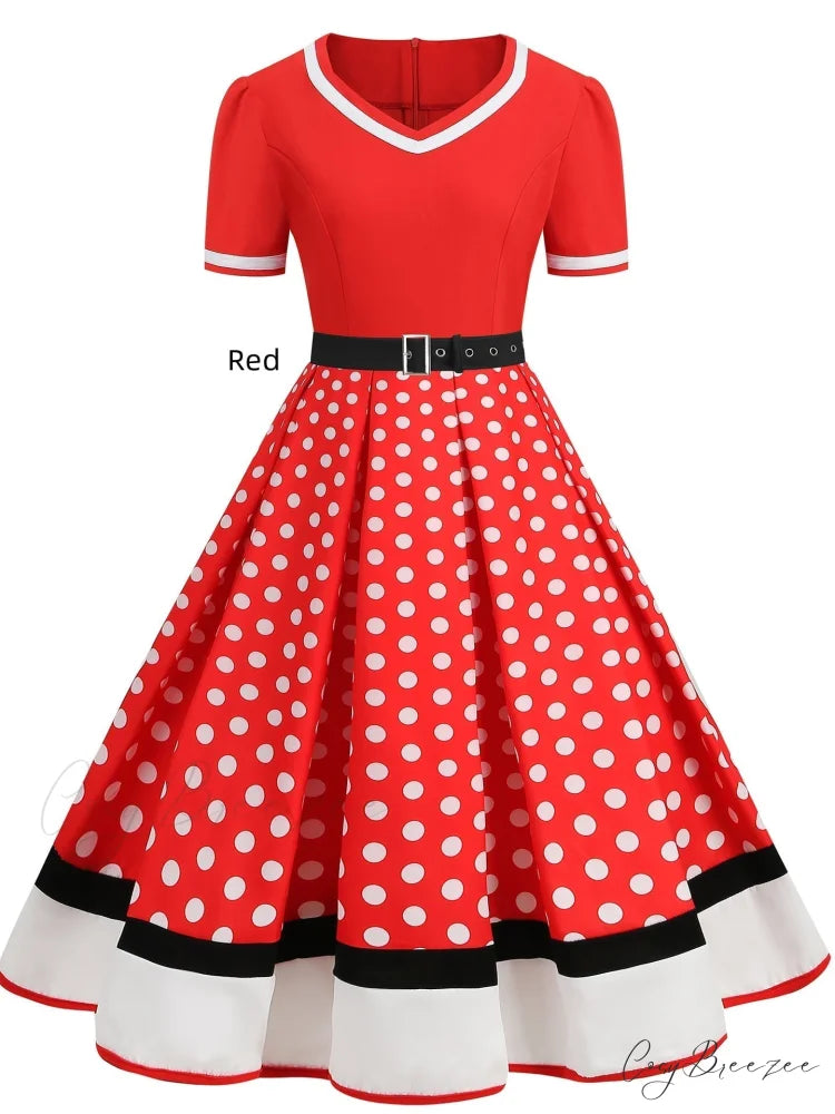 Vintage Polka Dot Rockabilly Dress - 1950s Style Short Sleeves S / Red