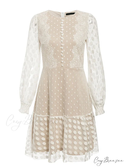 Vintage Polka Dot Short Dress with Embroidery Long Sleeves and Sexy Mesh Lace