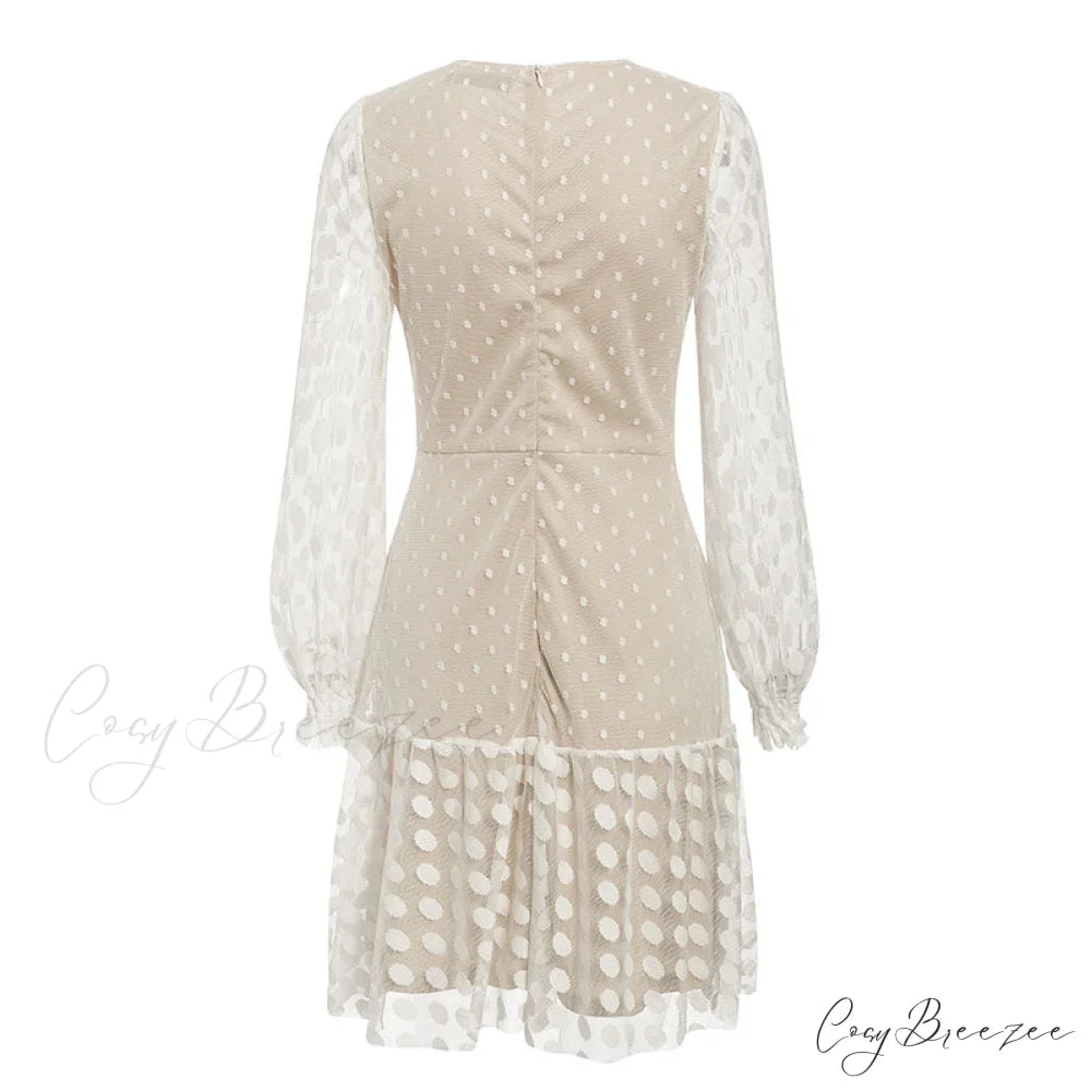 Vintage Polka Dot Short Dress with Embroidery Long Sleeves and Sexy Mesh Lace