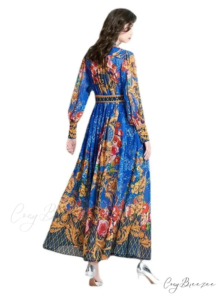 Vintage Print Dress with Long Sleeves