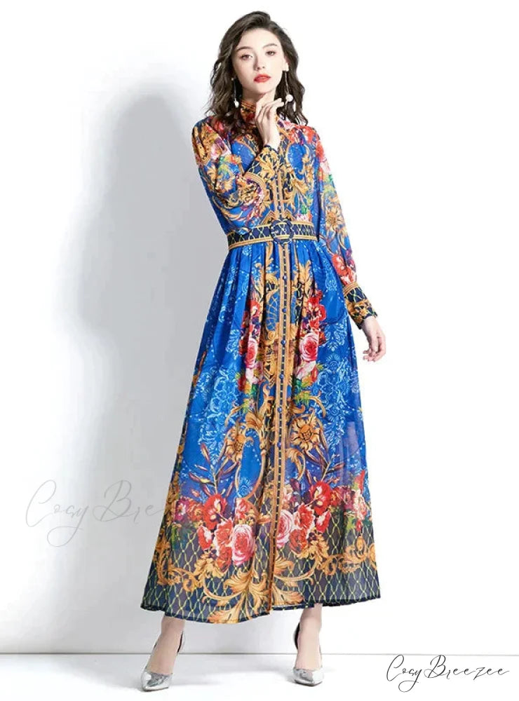 Vintage Print Dress with Long Sleeves