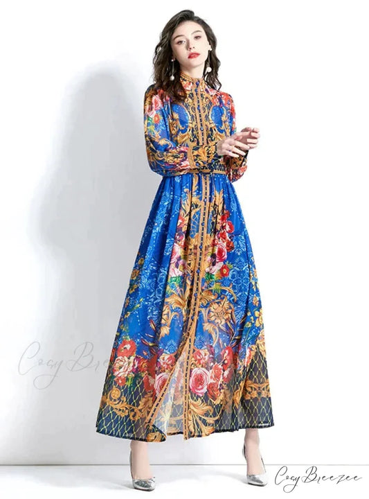 Vintage Print Dress with Long Sleeves