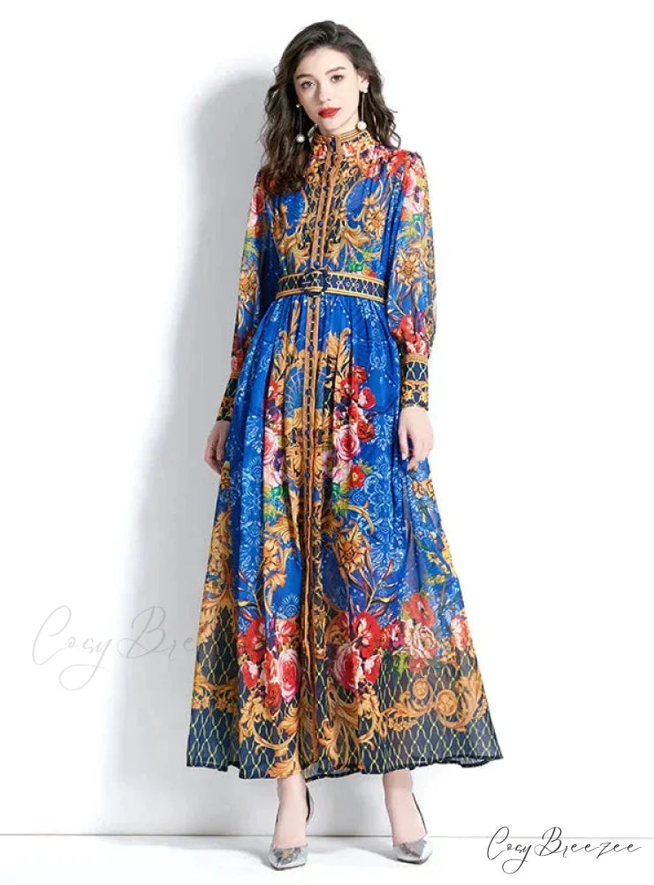 Vintage Print Dress with Long Sleeves