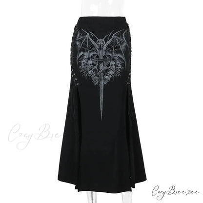 Vintage Print High Waist Mermaid Maxi Gothic Long Gothic Print Sexy High-slit Skirt Black / S