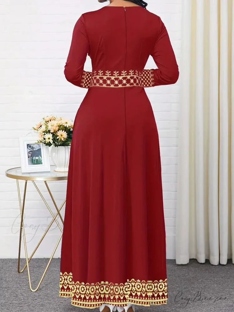 Vintage Print Long Sleeve Fall Classic Dress - Black M / Red