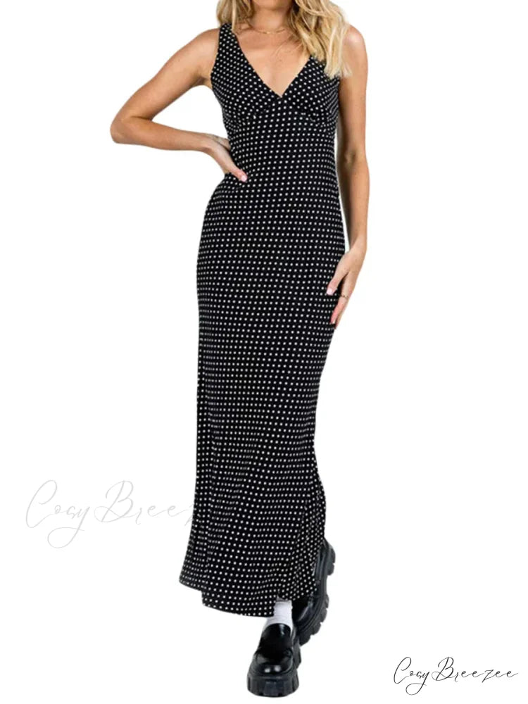 Vintage Print Long Tank Maxi Dress Black / S