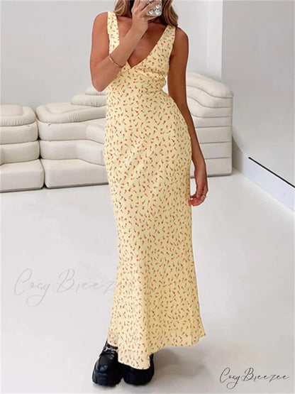 Vintage Print Long Tank Maxi Dress Yellow / S